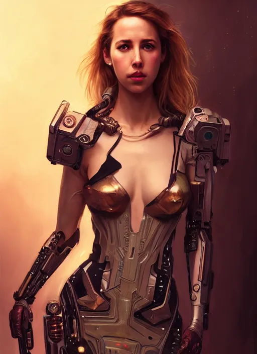 Image similar to alona tal with cyberpunk implants,, incredibly detailed face, pretty face, light dress, deep focus, d & d, fantasy, intricate, elegant, highly detailed, digital painting, artstation, concept art, matte, sharp focus, illustration, true anatomy, art by artgerm and greg rutkowski and alphonse mucha