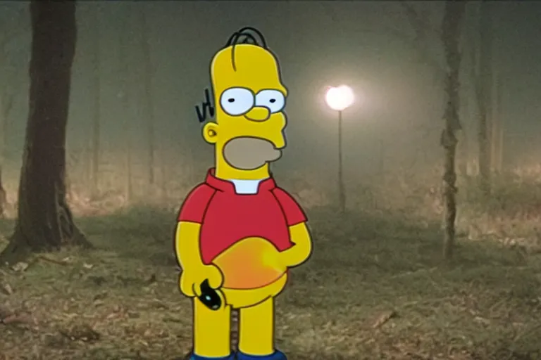 Image similar to A still of Homer Simpson in The Blair Witch Project, 8k, real photo, night scene, terrible