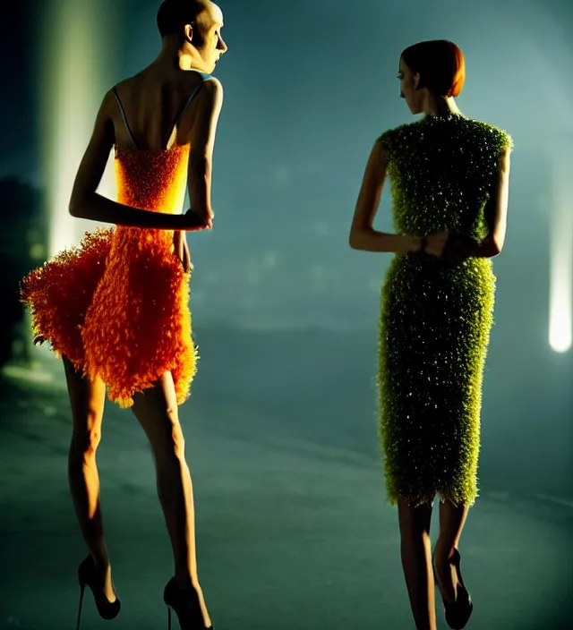 Image similar to la la land unseen film scene of gaz station by night starring seductive actress doing steps dancing and dressed by an organic looking dress from designer * iris van herpen *, with stylish colorfull makeup. intriguing soft back lighting, highly detailed, skin grain detail, photography by paolo roversi, nick knight