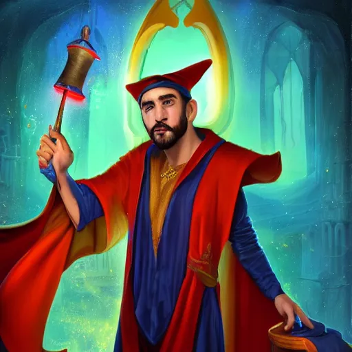 Prompt: a charming sorcerer tailor of middle - eastern descent, dressed in fine colorful robes and sporting a goatee, smirking, fantasy digital painting by barret frymire by artem priakhin, high resolution 4 k