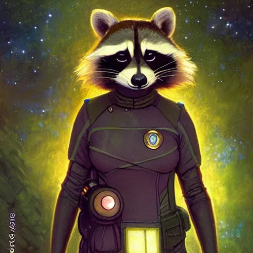 Image similar to a portrait of a female raccoon in starfleet uniform at night in a dark forest. zootopia fursona furaffinity furry art detailed face painting by gaston bussiere craig mullins jc leyendecker gustav klimt artgerm greg rutkowski furry