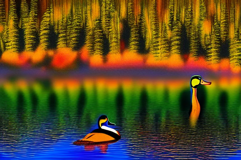 Image similar to a colorful fantasy mallard floating on an alpine lake in the mountains, cascadia, cabin, mountains, sunset by bob ross