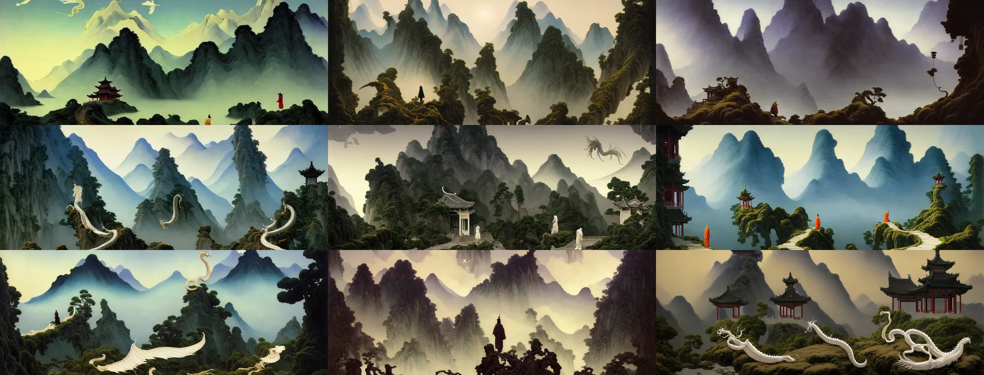 Prompt: a gorgeous landscape painting by barlowe wayne, maxfield parrish and marco mazzoni. a ultra long chinese white dragon is flying through the clouds and mist among the mountains. an abandoned chinese temple. birds. a lonely chinese monk walks on the winding stone steps, 3 d, octane render, turbulent blood lake, 8 k.