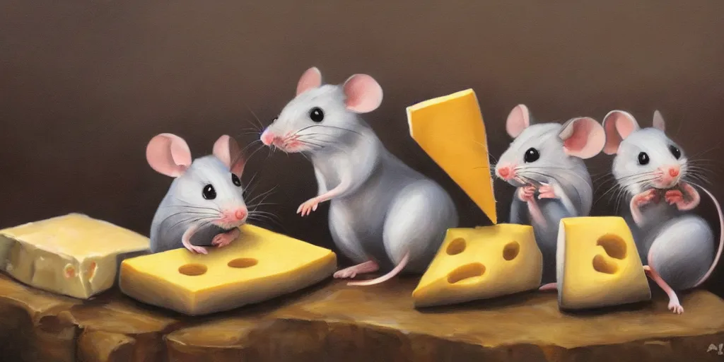Image similar to beautiful painting of several cartoon mice eating a cartoon block of cheese; oil painting, masterpiece, extremely highly detailed; ultra realistic; trending on artstation
