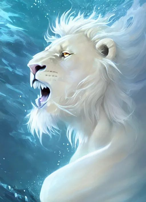 Image similar to award winning beautiful portrait commission of a muscular male furry anthro albino lion drowning underwater while wearing white silky flowy cloth with beautiful hyperdetailed face. Character design by charlie bowater, ross tran, and makoto shinkai, detailed, inked, western comic book art