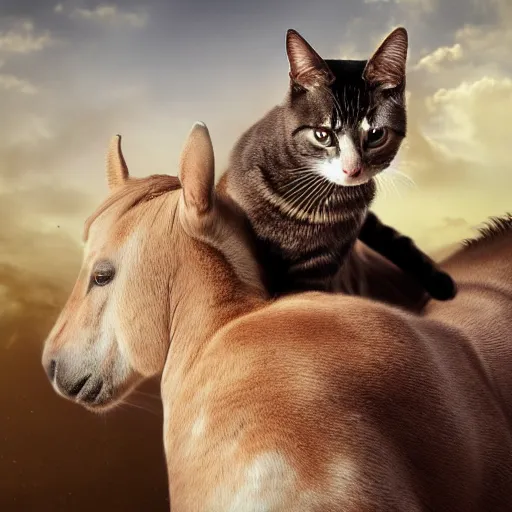 Prompt: a cat riding on a horses back, photorealistic art, high definition