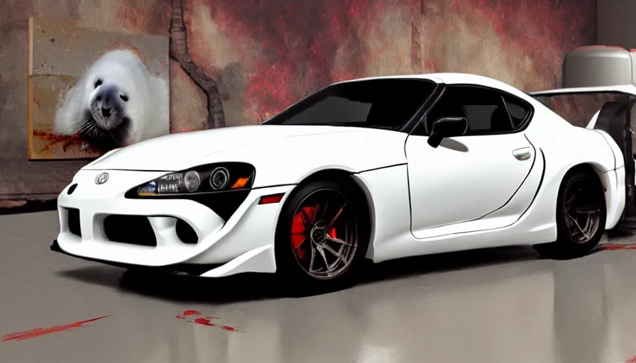 Prompt: highly detailed painting of cute furry white baby seals on a modded toyota supra with cool vinyl decals by william turner, by greg rutkowski, by william constable, thick brush strokes and visible paint layers, 4 k resolution