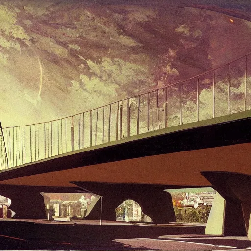 Prompt: painting of a scifi ancient civilzation victorian, brutalist bridge, william eggleston