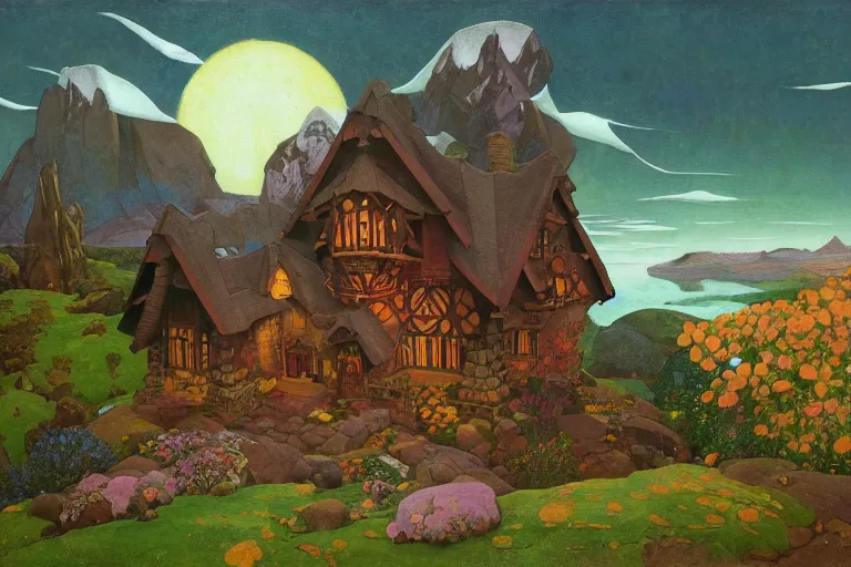 Image similar to the enchanted cottage and gardens of a wise woman on a mountaintop, dramatic cinematic lighting, folk-art carved painted wood house, rich colors, by Nicholas Roerich and William Dyce and ford madox brown and April Gornik and Caspar David Friedrich and Diego Rivera and Tyler Edlin and Ivan Bilibin, featured on artstation