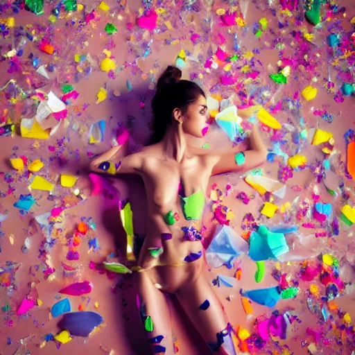 Prompt: beautiful model girl body decorated with colouful plastic bag skin and glass shards style of jonathan zawada, thisset colours simple background objective