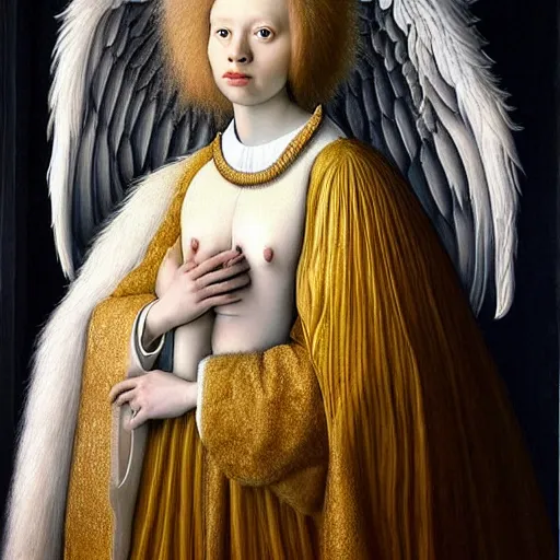 Image similar to highdetailed hyperrealistic painting of white angel!!! no gender!!!, giant ball of miracle light from the chest!!!!!, white sparkles everywhere, 4 k hd fur face!!!, big wings, by jan van eyck, holography space, glow effect, large strokes, white monochrome color!!!!!