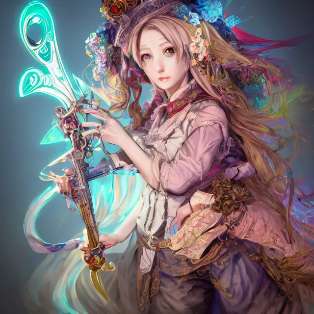 Prompt: the portrait of chaotic neutral semi - colorful smiling female bard assassin as unimaginably beautiful, gorgeous, elegant, young anime girl, an ultrafine hyperdetailed illustration by kim jung gi, irakli nadar, intricate linework, bright colors, octopath traveler, final fantasy, unreal engine 5 highly rendered, global illumination, radiant light, detailed and intricate environment