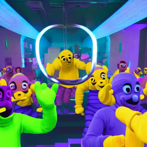 Prompt: hyperrealistic film still of teletubby rave, stunning 3 d render, neon cyberpunk cinematic lighting, 8 k octane comprehensive render, extremely hyper - detailed, incredibly realistic, intricate, masterpiece