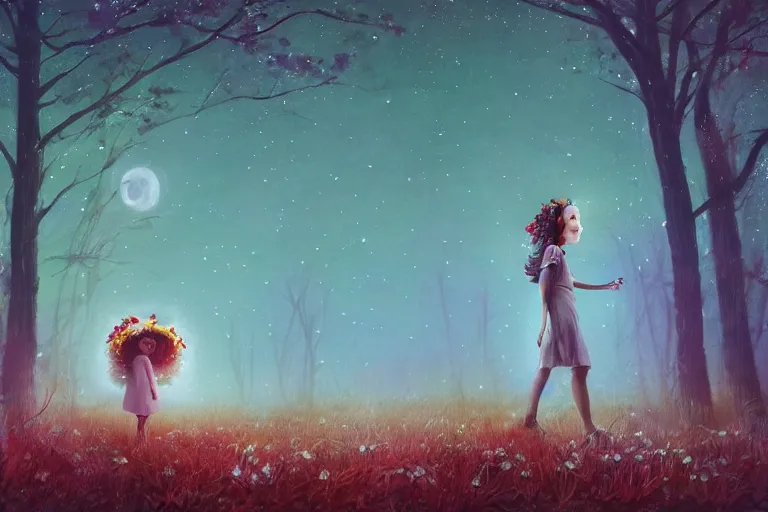 Image similar to giant daisy flower crown head, girl walking in forest, surreal photography, dark night, stars, moon light, impressionist painting, clouds, digital painting, artstation, simon stalenhag