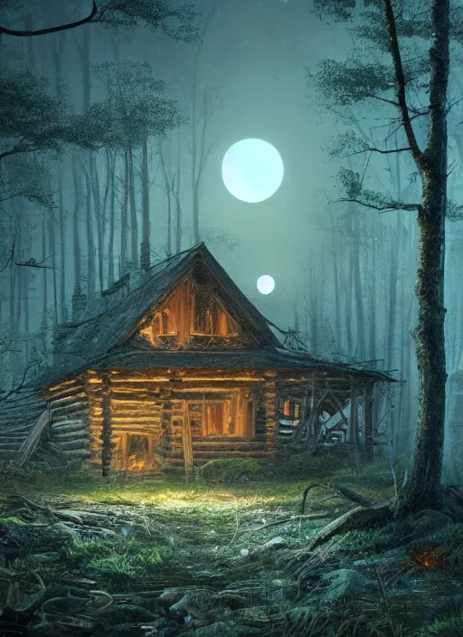 Prompt: an abandoned log house in an ancient bioluminescent forest, waxing moon, greg rutkowski, 8 k, shallow depth of field, intricate detail, concept art,