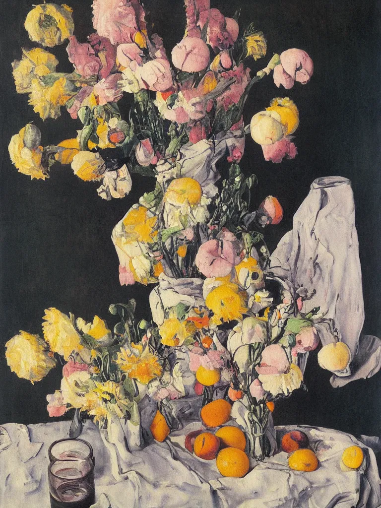 Image similar to a surreal painting of a breakfast still life, flowers, by George Baselitz, symbolist, soft colors, dramatic lighting, smooth, sharp focus, extremely detailed, aesthetically pleasing composition