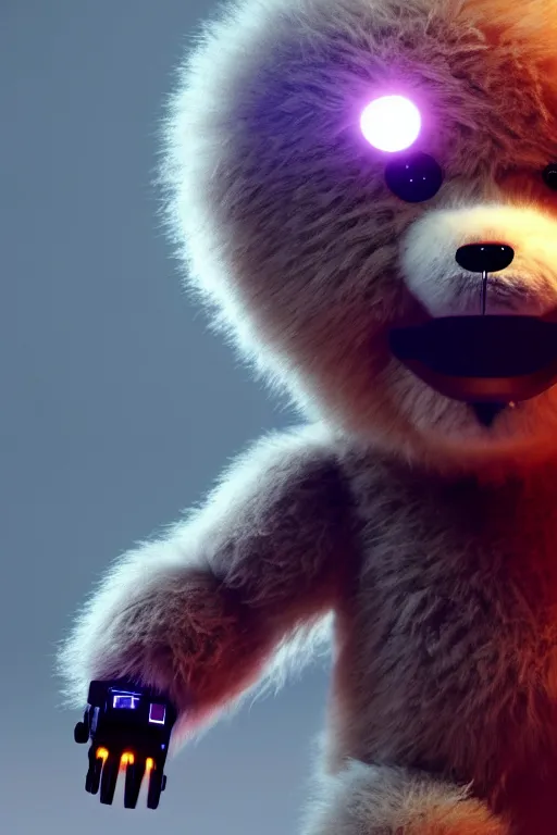 Prompt: high quality 3 d render very cute fluffy cyborg bear! plays electric guitar, cyberpunk highly detailed, unreal engine cinematic smooth, in the style of blade runner & detective pikachu, hannah yata charlie immer, moody light, low angle, uhd 8 k, sharp focus