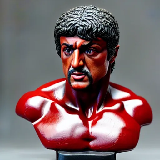 Image similar to museum stallone rambo portrait statue monument made from porcelain brush face hand painted with iron red dragons full - length very very detailed intricate symmetrical well proportioned balanced