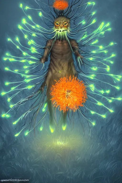 Image similar to a glowing humanoid figure dandelion monster with large glowing eyes, orange background, highly detailed, digital art, sharp focus, trending on art station, plant, anime art style