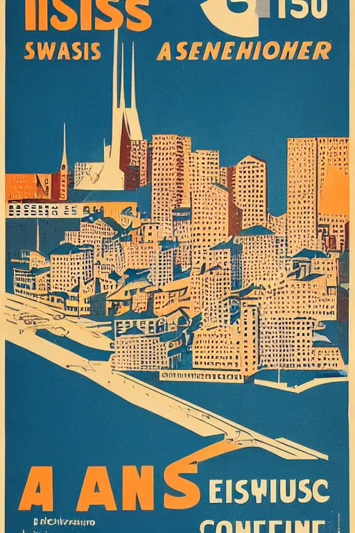 Prompt: 1 9 5 0 s swiss poster for an architecture conference, swiss design, graphic design, browns and blues, in the style of hans aeschbach