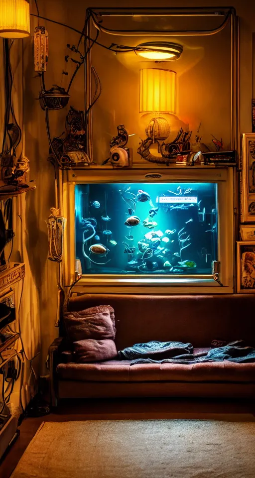 Prompt: telephoto 7 0 mm f / 2. 8 iso 2 0 0 photograph depicting the feeling of chrysalism in a cosy safe cluttered french sci - fi art nouveau cyberpunk apartment in a dreamstate art cinema style. ( sofa ) ( ( fish tank ) ), ambient light.