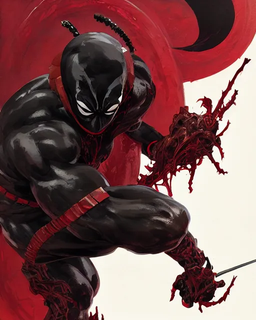 Prompt: highly detailed closeup portrait of a mutated venom symbiote in deadpool suit with a fierce expression, wearing his katana, by atey ghailan, by greg rutkowski, by greg tocchini, by james gilleard, by joe fenton, by kaethe butcher, red, black, crimson and grey color scheme