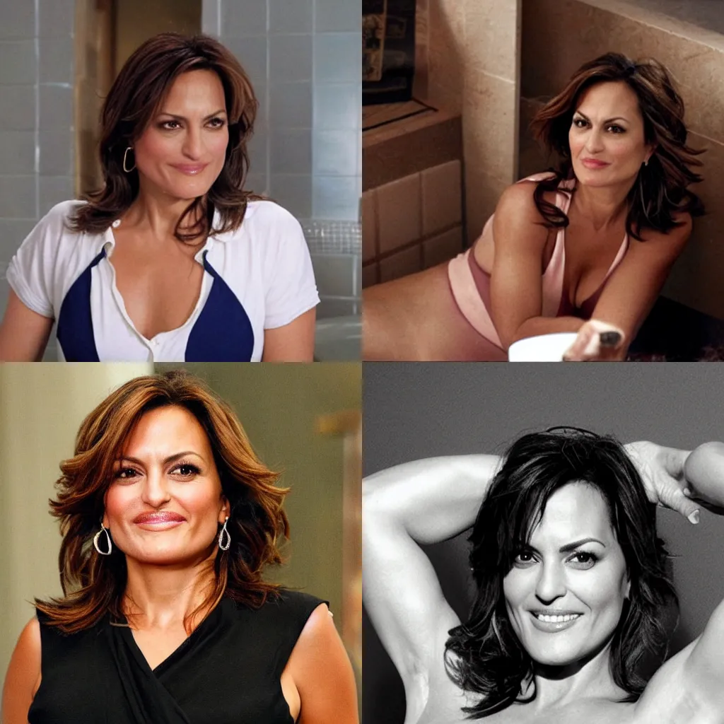 Prompt: mariska hargitay in a bathtub full of baked beans