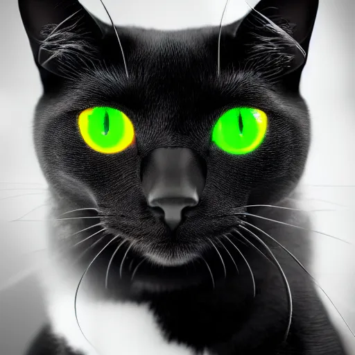 Image similar to a black and white cat mob boss in space with colorful bright green eyes, medium shot, hd, 8k, hyper-realism, detailed, octane 8k,