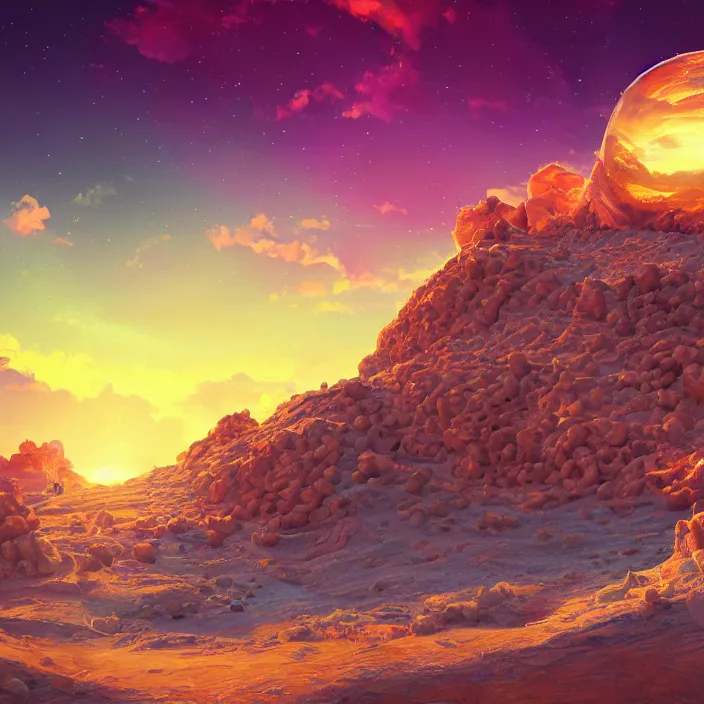 Image similar to desert made from icecream and candies, caramel colorful sun, luminescent sky, handsome, intricate, detailed, volumetric lighting, scenery, digital painting, highly detailed, artstation, sharp focus, illustration, 8 k, hyper realistic, magic world, cartoon