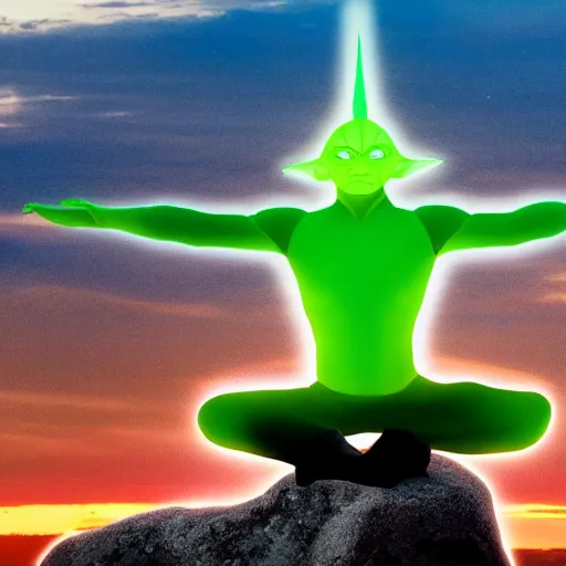 Image similar to full body composition of yoda practicing yoga on the top of a mountain during sunrise, movie still, 4k