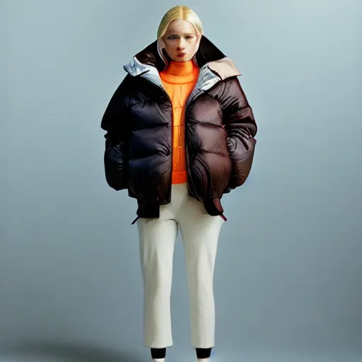 Image similar to realistic photoshooting for a new balenciaga lookbook, color film photography, portrait of a blonde asian woman, model wearing a puffer jacket, photo in style of tyler mitchell, 3 5 mm,