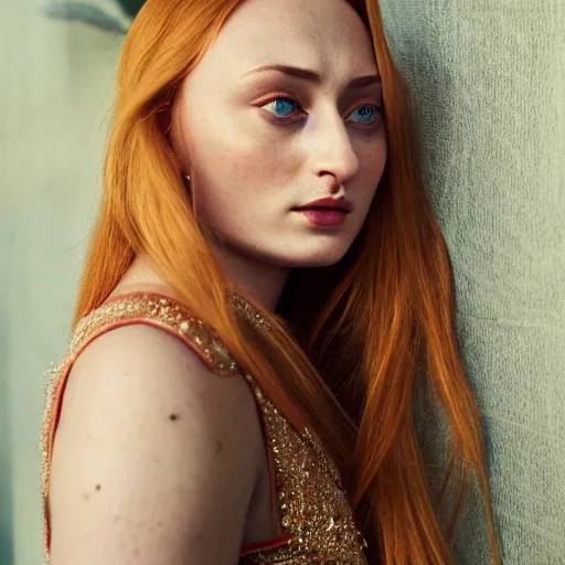 Image similar to 3 5 mm coloured film portrait of sophie turner wearing kebaya, hyperrealism, photorealistic, detailed, atmospheric, 8 k, award winning photography, cinematic