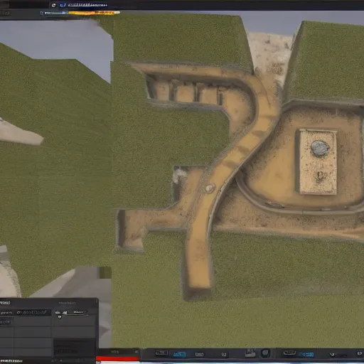 Image similar to cs : go minimap, layout of map, 2 character spawn locations on opposite sides of map, 2 objective sites, items fir characters to hide behind on objective sites, walkways that connect spawns and objective sites, overhead view of map, wireframe design of map