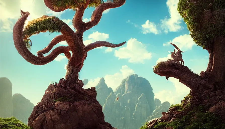 Image similar to very very small goat, sitting on a gigantic dragon tree in socotra island by ilya kuvshinov, rtx rendering, octane render 1 2 8 k, maya, extreme high intricate details by tom bagshaw, medium shot, close up shot, composition by sana takeda, lighting by greg rutkowski