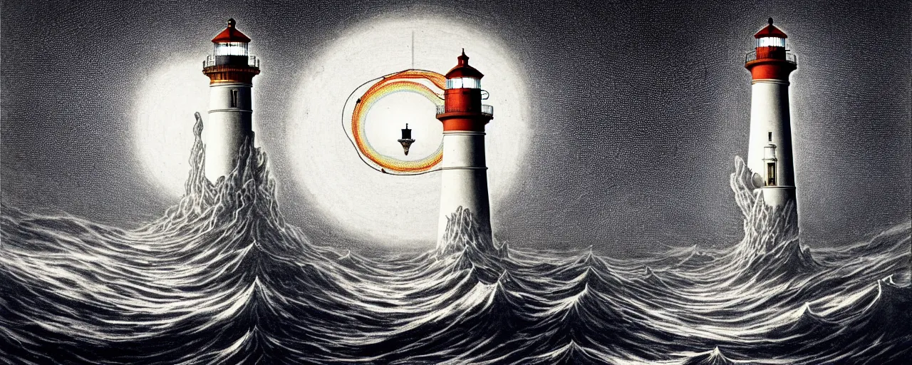 Prompt: an epic lighthouse radiates a unique canto'as above so below'while being ignited by the spirit of haeckel and robert fludd, breakthrough is iminent, glory be to the magic within, in honor of saturn, painted by ronny khalil