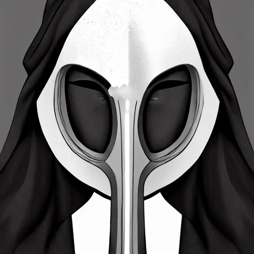 Image similar to female plague doctor donning a black hood, steel knightly armor and a white crow mask, trending on artstation