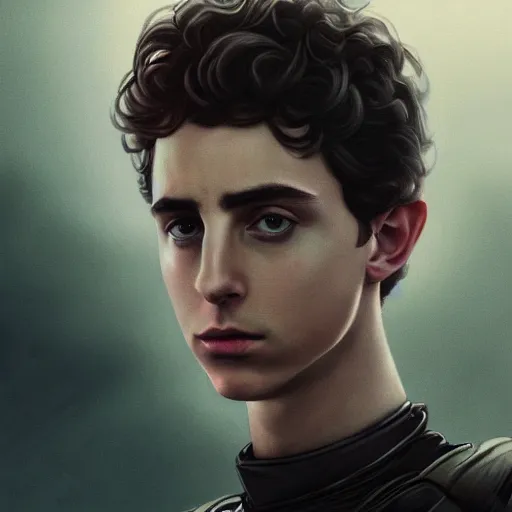 Image similar to realistic paul atreides emperor of the known universe, perfect dramatic and dark portrait by rabbitary b, trending on artstation, deviantart, dune, low angle oil painting and composition laws, dark foggy background, timothee chalamet, denis villeneuve cinematography