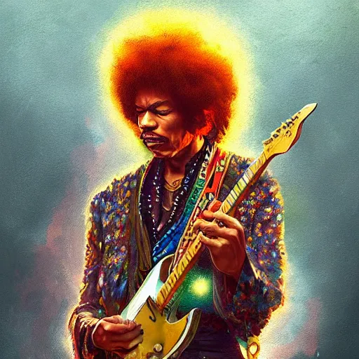 Image similar to a portrait of jimi hendrix as a wizard, urban motifs, intricate, elegant, highly detailed, digital painting, trending on artstation, concept art, smooth sharp focus, illustration, art by artgerm and greg rutkowski