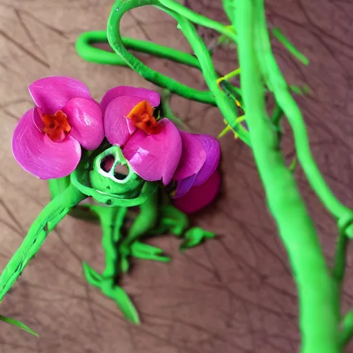 Image similar to studio photograph of a thin green vine creature with vine limbs and a pink blooming flower mouth with many sharp teeth