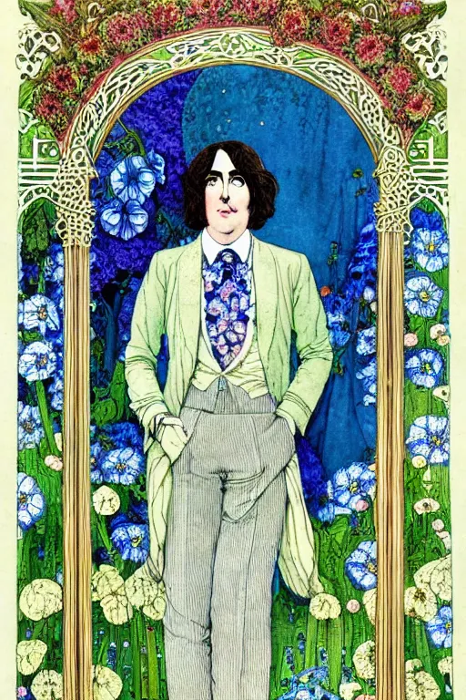 Image similar to realistic portrait of oscar wilde in the center of an ornate floral frame with blue meconopsis, detailed art by kay nielsen and walter crane, illustration style, watercolor