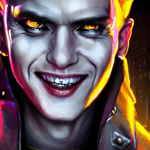 Prompt: cyberpunk, closeup portrait of a cyberpunk entertainer, blond hair, grey eyes, sadistic smile, delicate jaw, dramatic light, city background, sunset, dystopian setting, high contrast, sharp, neuromancer, peter riviera, painted by stanley lau, painted by greg rutkowski, painted by stanley artgerm, digital art, trending on artstation