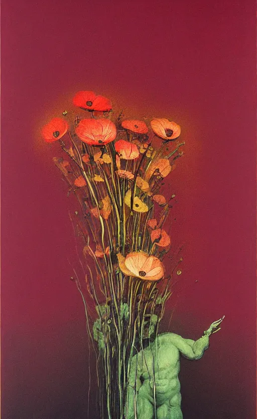 Prompt: beautiful flowers in the style of constructivism, blurred, grotesque, doomed, acrylic paint, high resolution, gouache on canvas, ultra detailed, vibrant colors, grotesque, wrapped thermal background, slimey, art by francis bacon, beksinski painting