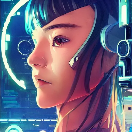 Prompt: A potrait of a cyberpunk cyborg girl with a cat in her shoulder, the girl has big and cute eyes, fine-face, realistic shaded perfect face, fine details. Very anime style. Realistic shaded lighting poster by Ilya Kuvshinov katsuhiro, magali villeneuve, artgerm, Jeremy Lipkin and Michael Garmash, Rob Rey and Kentarõ Miura style, trending on art station