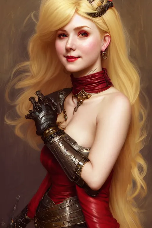 Image similar to Portrait of seductive female bard, D&D, revealing stylish dress like leather armor, choker on neck, long blonde or red hair, mouth slightly open, cute slightly nerdy smile, fantasy, intricate, elegant, highly detailed, digital painting, artstation, concept art, smooth, sharp focus, illustration, art by artgerm and greg rutkowski and alphonse mucha