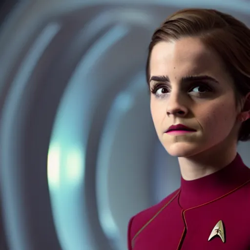 Image similar to Emma Watson in Star Trek, XF IQ4, f/1.4, ISO 200, 1/160s, 8K, Sense of Depth, color and contrast corrected, unedited, RAW, Dolby Vision, symmetrical balance, in-frame