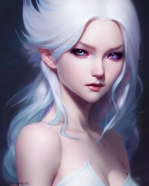 Image similar to character concept art of a white haired young gorgeous female fairy mage | | distinct - fine, key visual, realistic shaded perfect face, fine details by stanley artgerm lau, wlop, rossdraws, james jean, andrei riabovitchev, marc simonetti, sakimichan, and jakub rebelka, trending on artstation