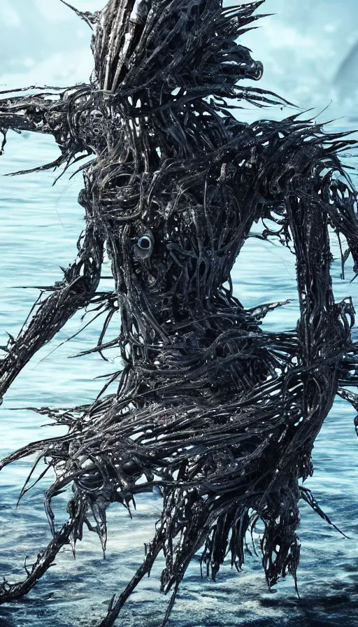 Prompt: a biomechanical sea witch emerging from the ocean, made up of bits of black metal and plastic, shiny, wet, made of nanofibres, metallic, cyberpunk, post apocalyptic, hyper realistic, epic, beautiful composition, octane render, unreal engine render, 8k, super detailed, SLICK!!