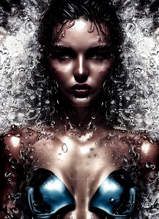 Prompt: fierce glossy wet fashion model, water splashing, effervescent, sweat skin, liquid metal dna, black roses, poster art, ultradetail, hyperrealistic illustration, watercolor, deep mood, hyperrealism, 3 d, in the style of irakli nadar,