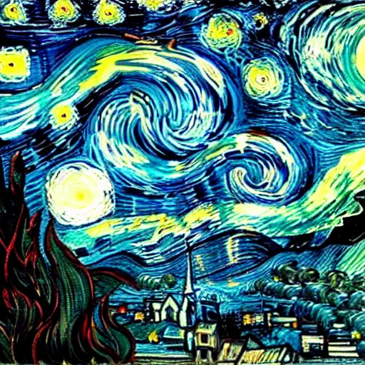 Prompt: cthulhu coming from the night sky of a city, painting by van gogh