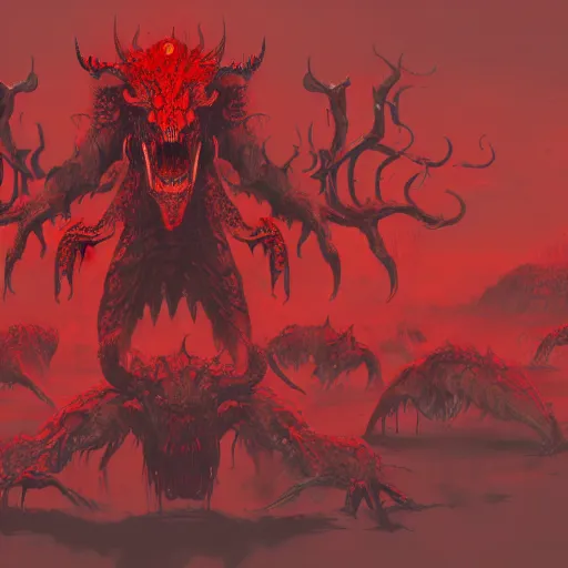 Prompt: A beast with seven heads rising from the sea of blood, artstation, 4k detailed